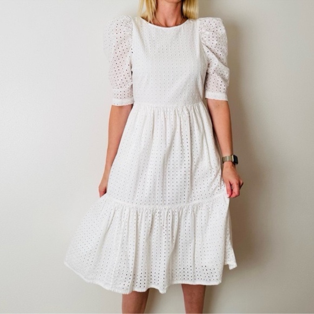 🎯100% Cotton New Day eyelet puffy short sleeve tiered White Eyelet boho Dress L